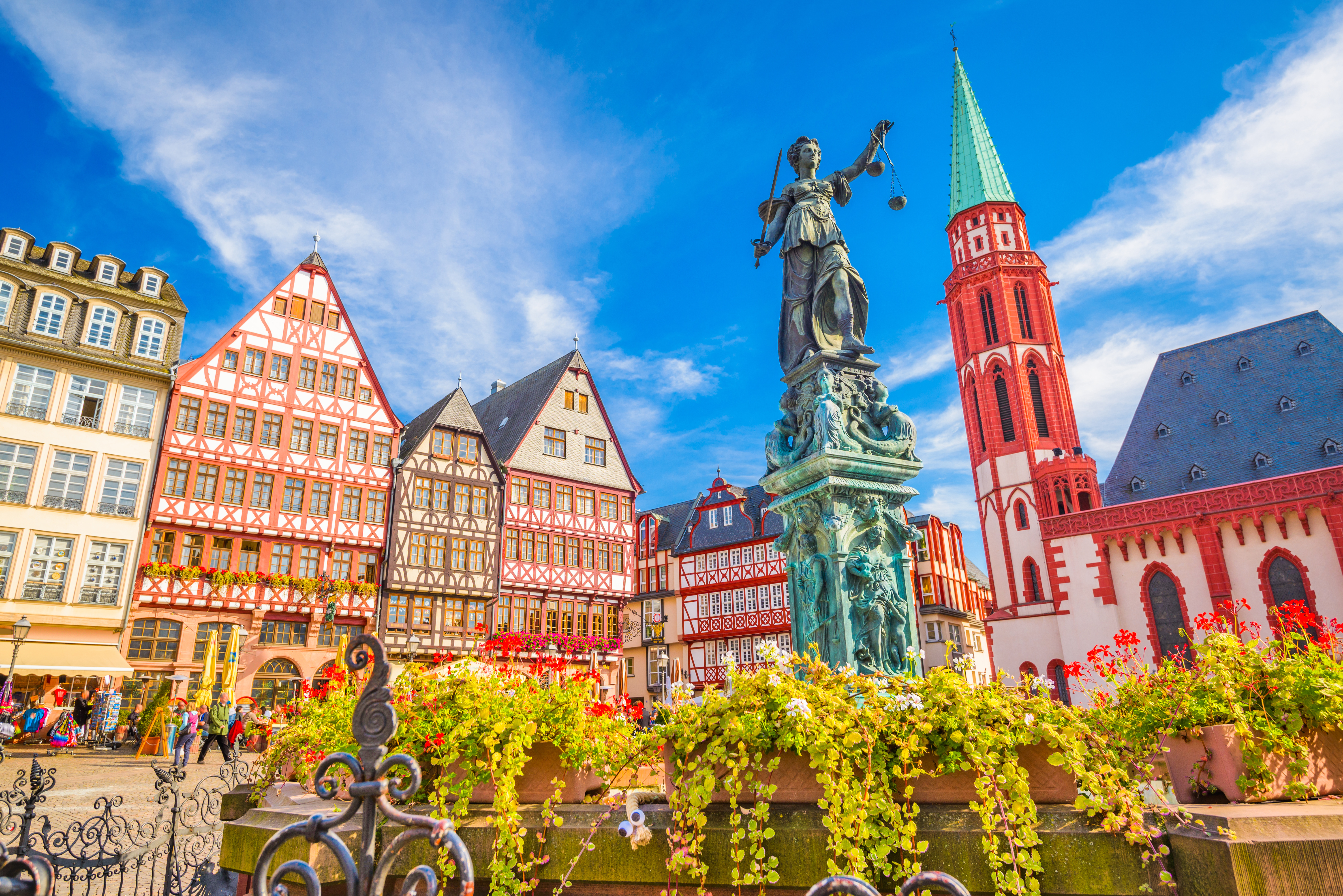 Lady Justice at the Fountain of Justice (Gerechtigkeitsbrunnen) located in the heart of Römerberg, Frankfurt's historic central square