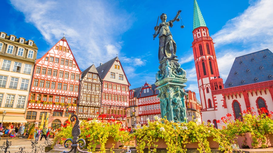 Lady Justice at the Fountain of Justice (Gerechtigkeitsbrunnen) located in the heart of Römerberg, Frankfurt's historic central square