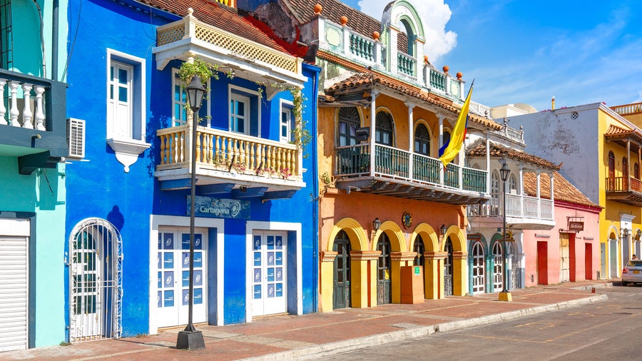 Colourful colonial houses in the historic old town of Cartagena, Colombia, with vibrant facades and balconies