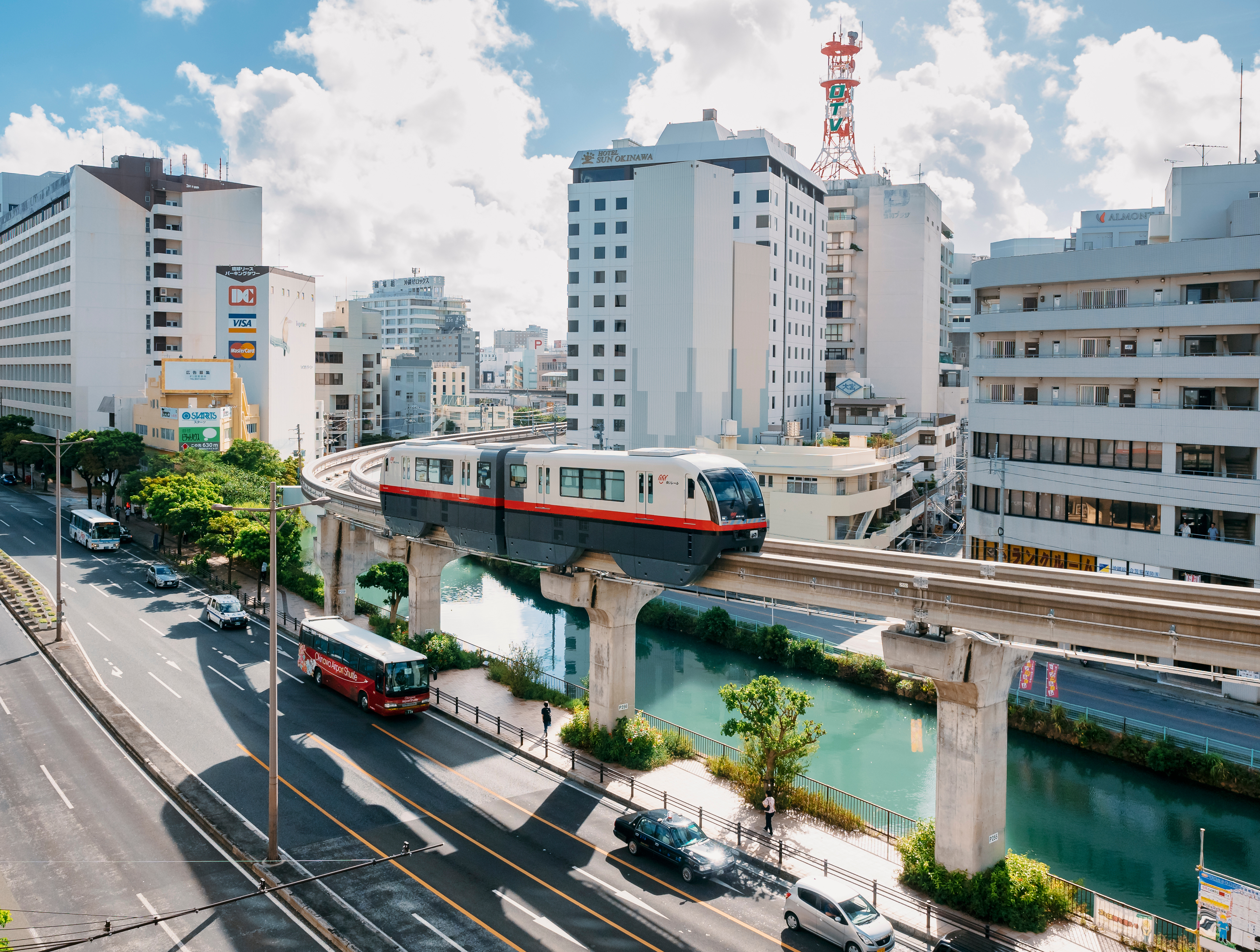 Modern public transportation in the city center of Okinawa, Japan