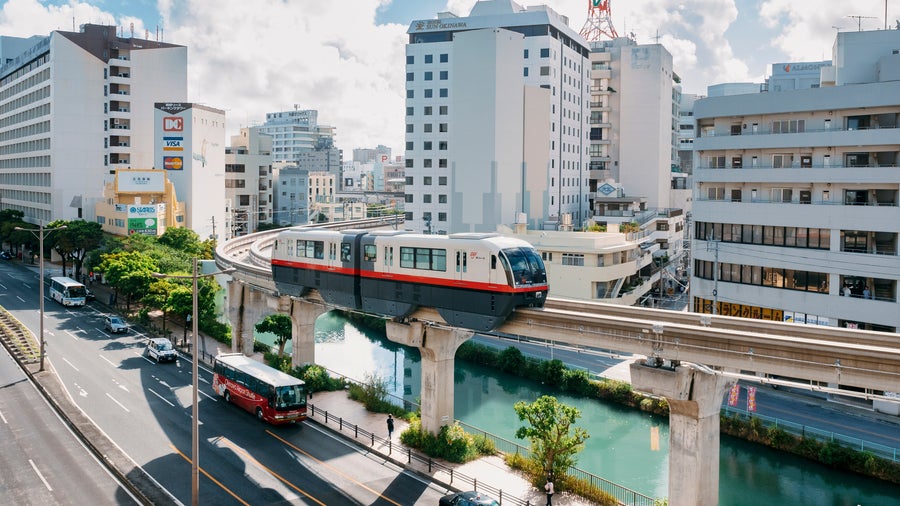 Modern public transportation in the city center of Okinawa, Japan