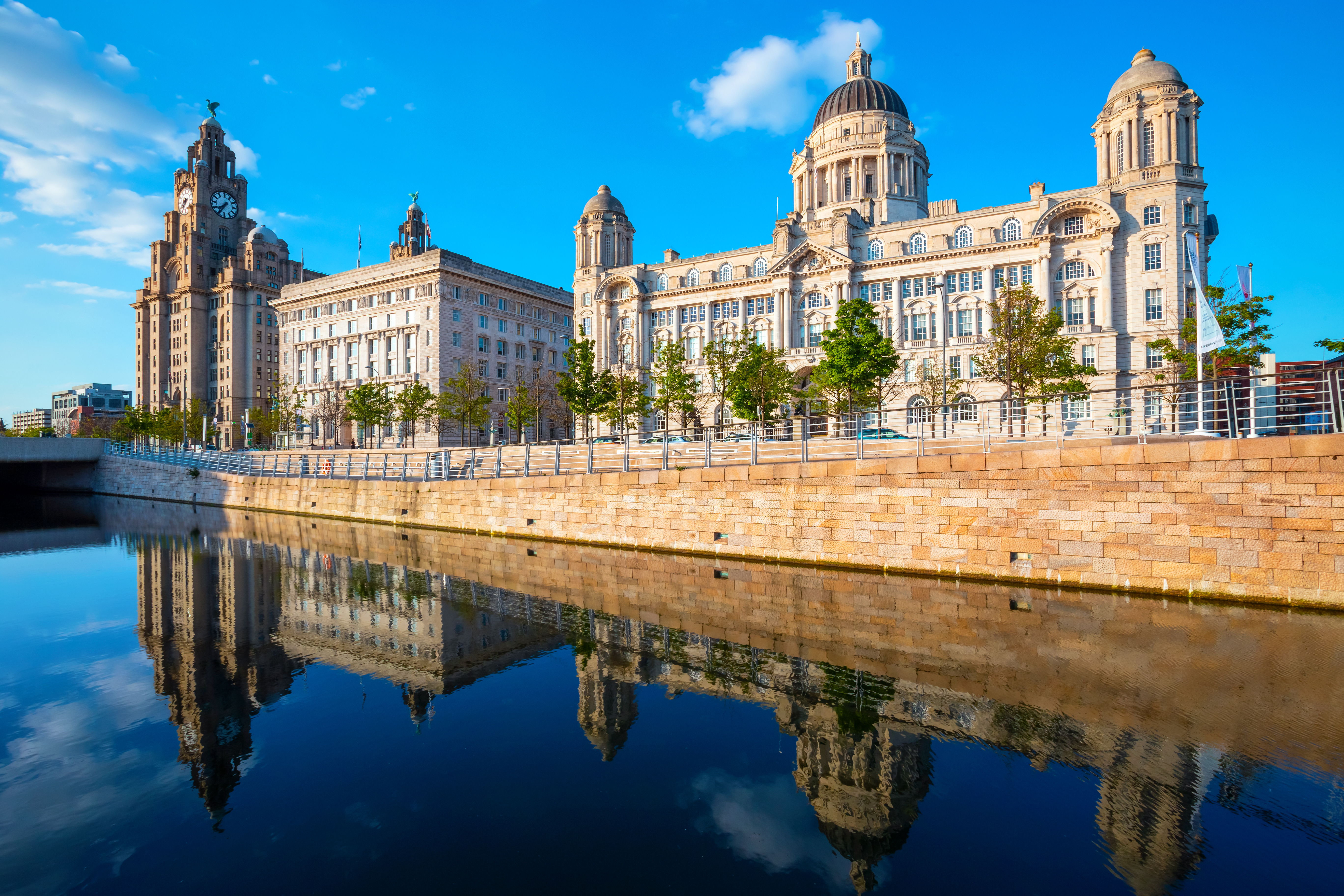Liverpool Pier Head with the Royal Liver Building, Cunard Building and Port of Liverpool Building