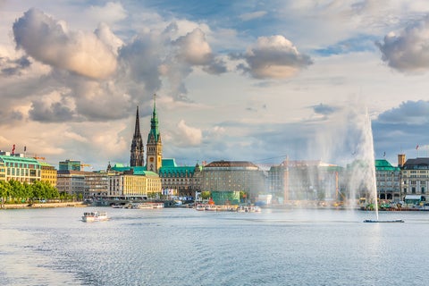 Hamburg City Center featuring Elbe River and its historic buildings, Germany