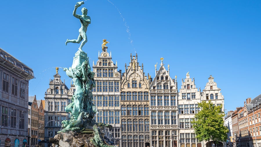The central fountain of Brabo in Old town square of Antwerp in Belgium