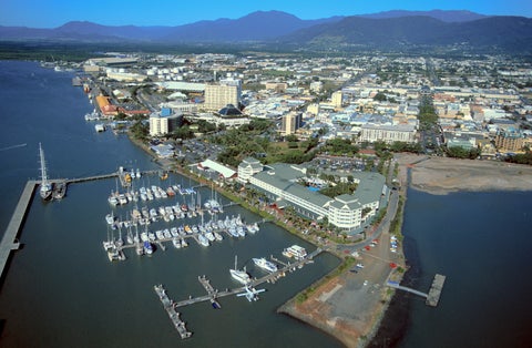 "Aerial view of Cairns city center and harbour, Australia