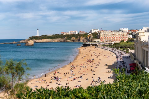 Aerial view of Riviera coast and turquiose water of cote dAzur at summer day in Biarritz, France