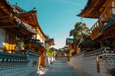 Eunpyeong Hanok Village in Seoul, Korea, featuring traditional Korean houses with tiled roofs and mountain backdrop