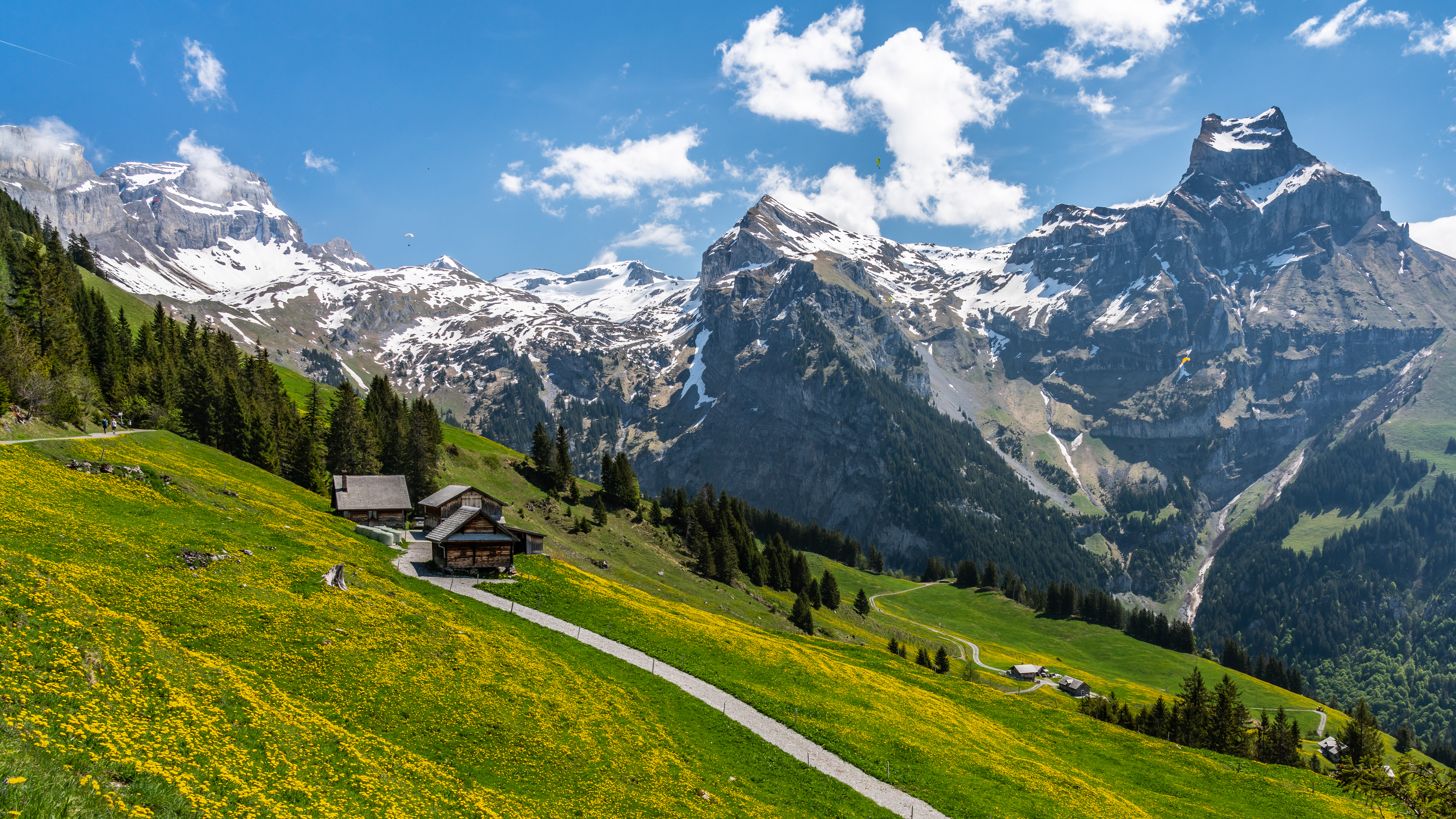 Traditional wooden Swiss chalet in the mountains of Engelberg, Switzerland, surrounded by alpine scenery