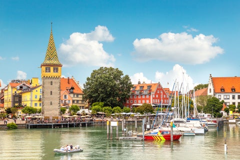 Antique Bavarian town at coastline of Lake Constance (Bodensee) in Lindau, Germany