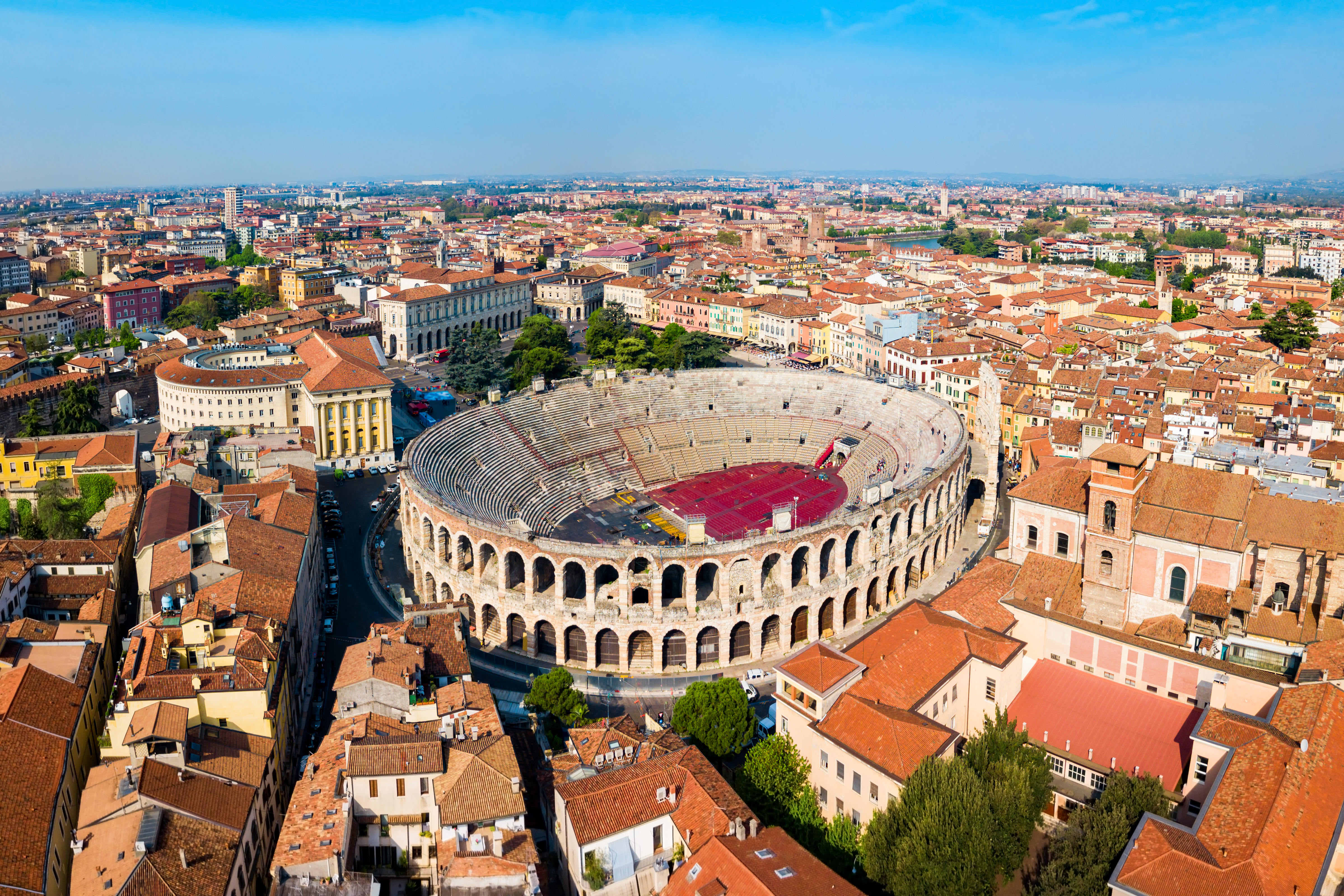 Aerial view of Verona featuring  Arena di Verona,  Roman amphitheater, in Italy