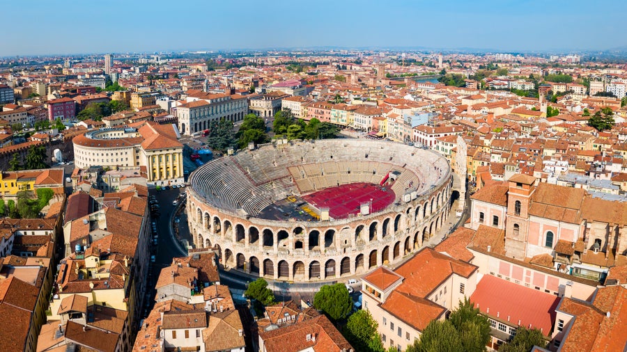 Aerial view of Verona featuring  Arena di Verona,  Roman amphitheater, in Italy