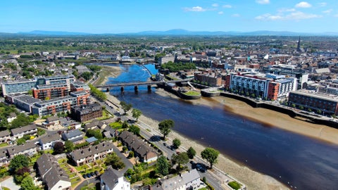 Aerial view of Limerick featuring River Shannon and  Thomond Bridge, Ireland