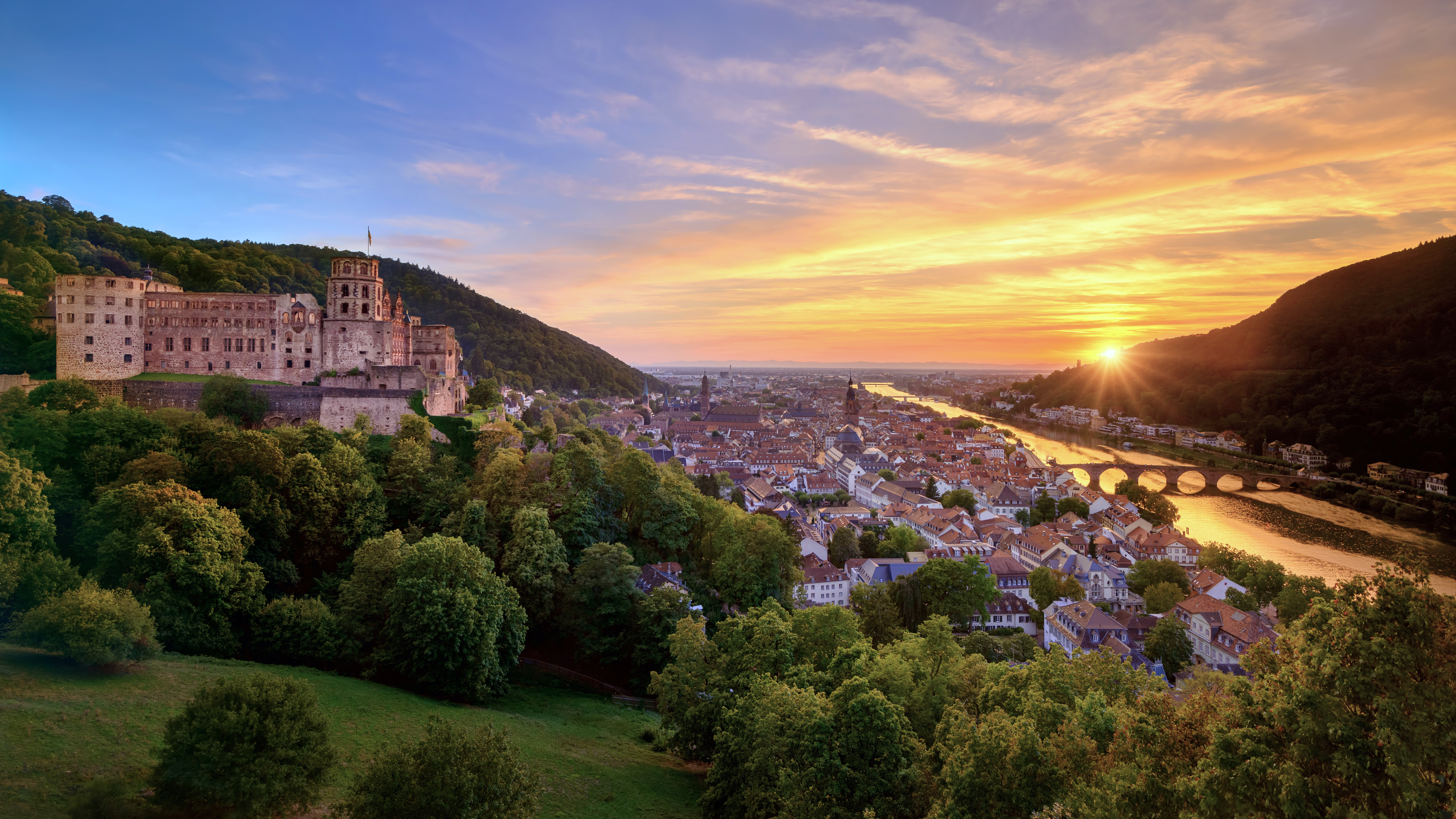 Aerial view of Heidelberg Germany at sunset with historic cityscape