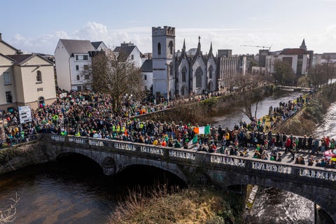 Aerial view of Galway city in Saint Patricks day in Ireland