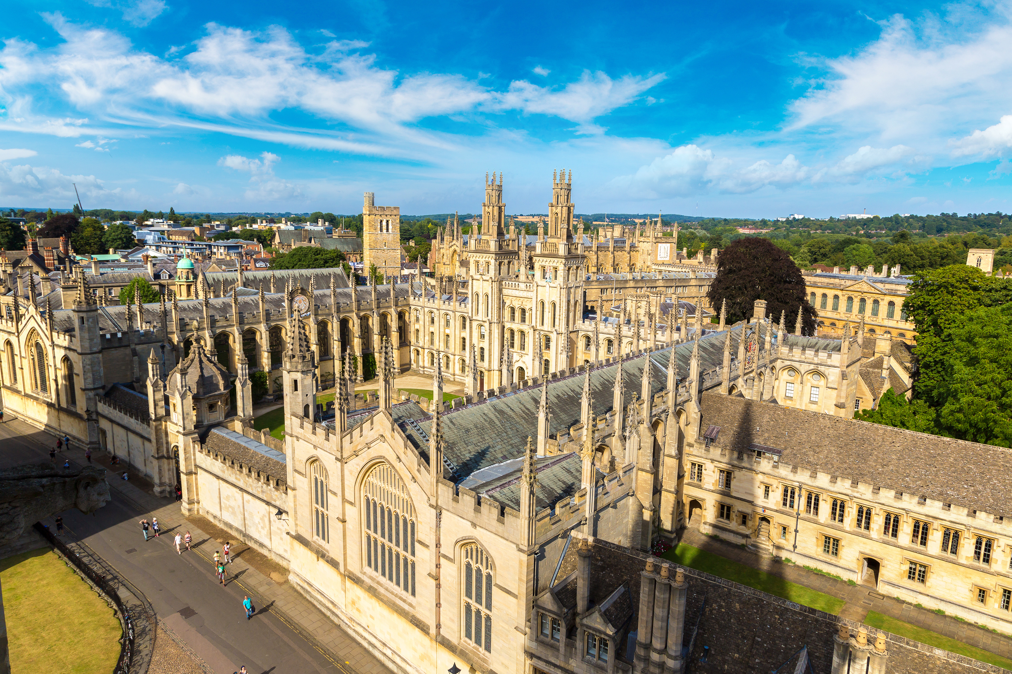 Aerial view of All Souls College at Oxford University on a sunny day