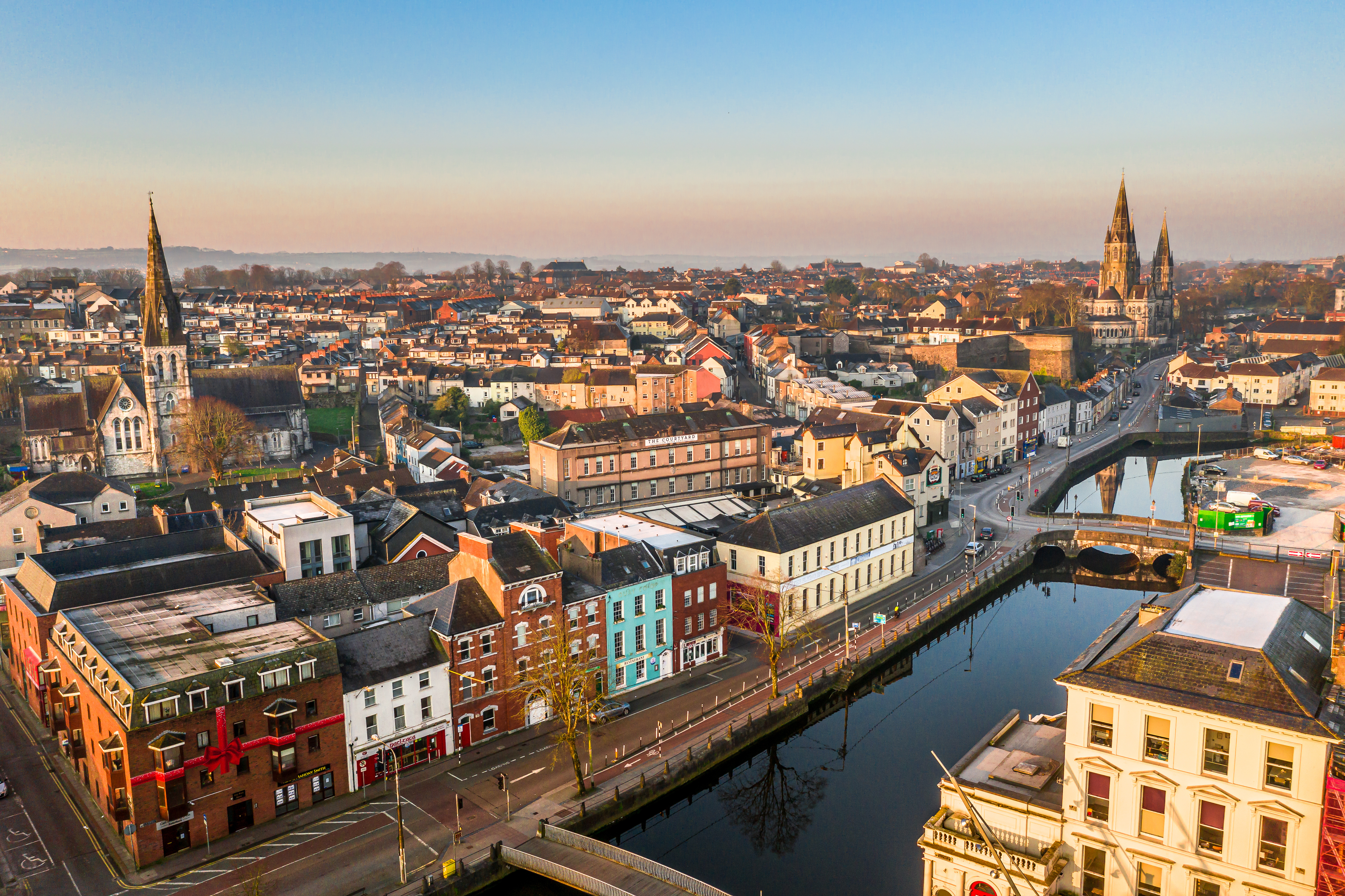 Aerial view of Cork City center Ireland downtown building st fin barre’s cathedral
