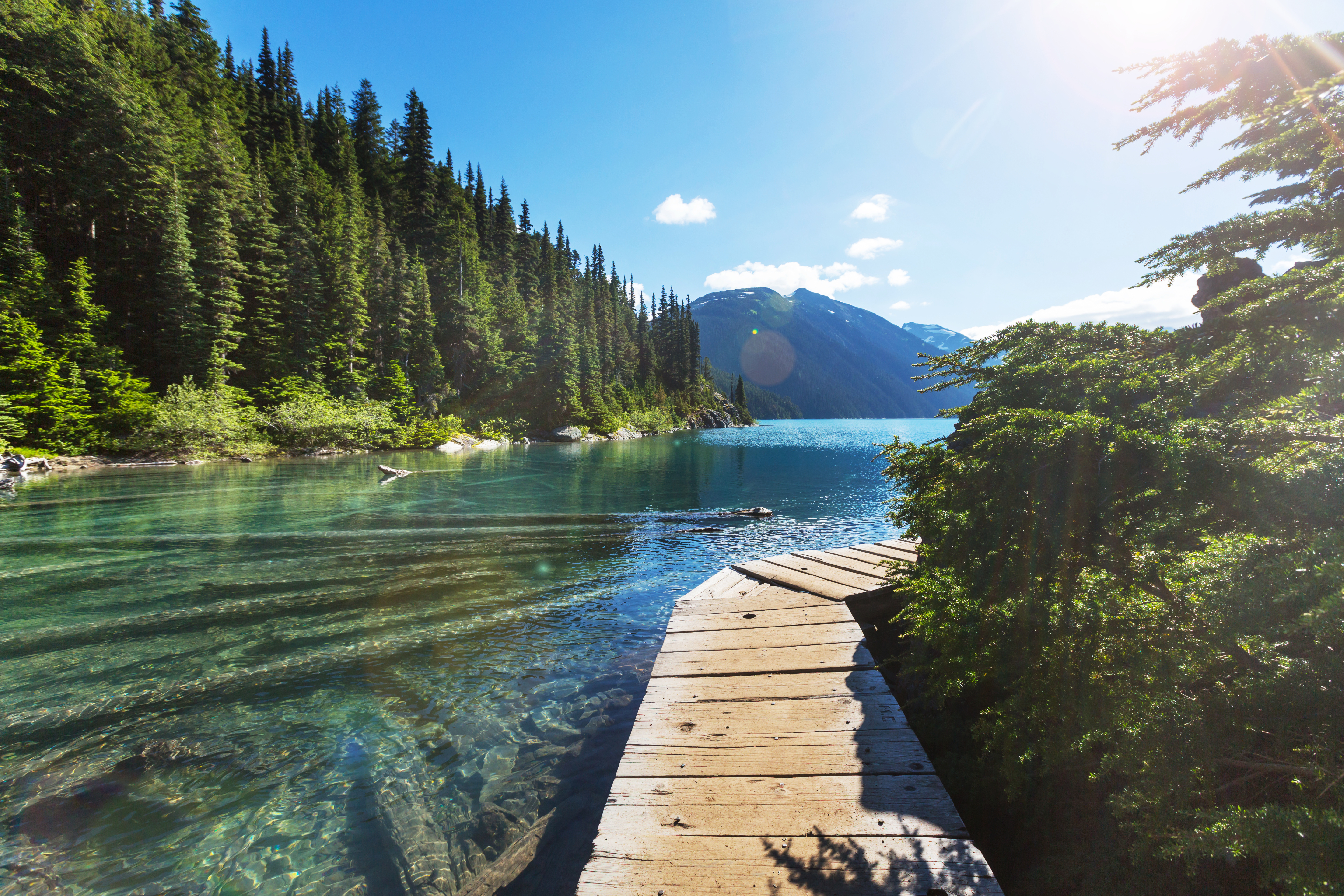 Wooden path leading to Lost Lake surrounded by green trees with snowy Whistler Mountain in the background in Whistler, Canada