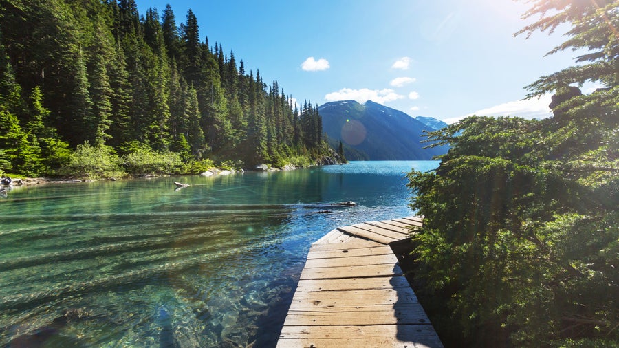 Wooden path leading to Lost Lake surrounded by green trees with snowy Whistler Mountain in the background in Whistler, Canada