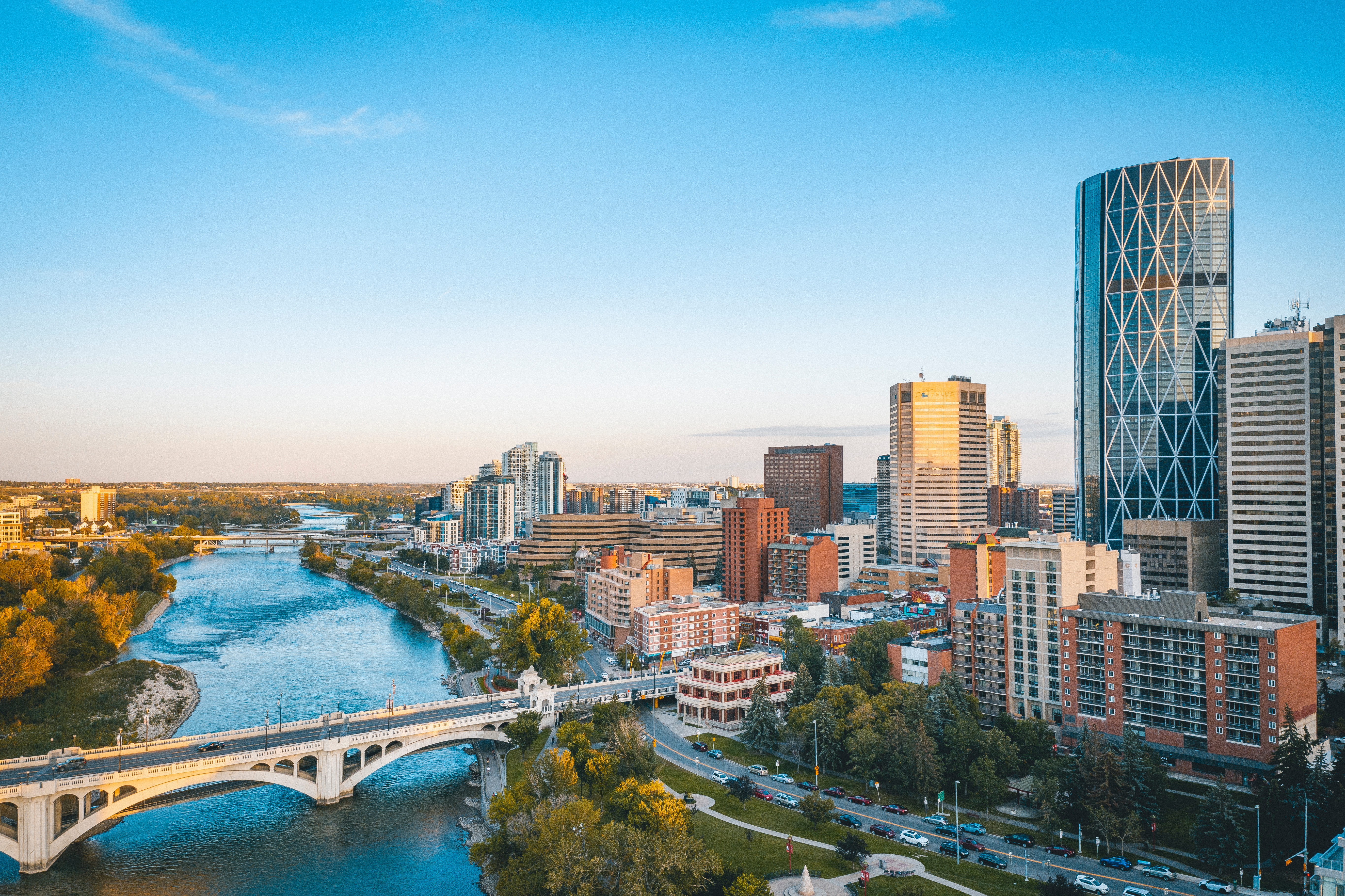 Aerial view of Calgary City Center with its Peace Bridge in Alberta, Canada