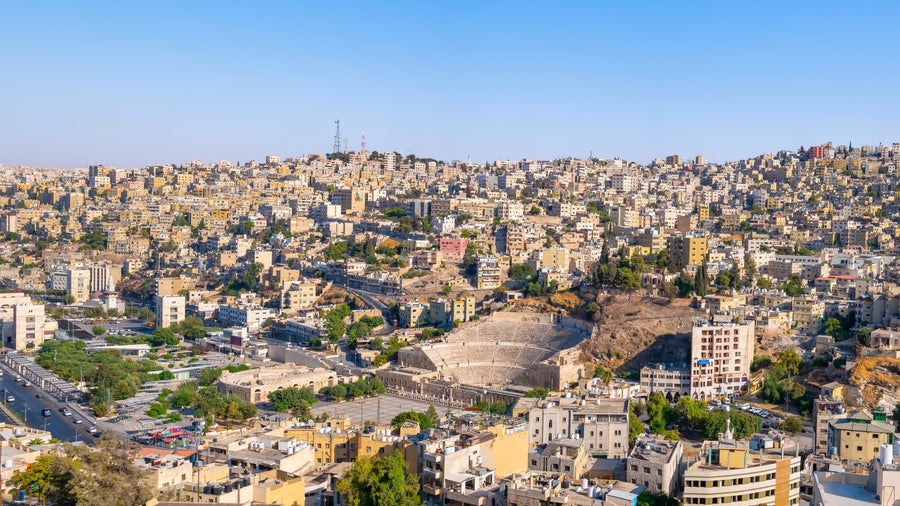 An aerial view of Amman Historic City center featuring the Roman Theatre in Jordan