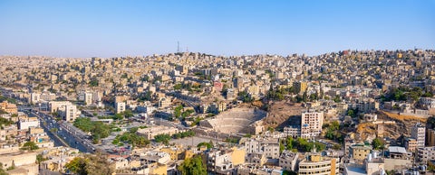 An aerial view of Amman Historic City center featuring the Roman Theatre in Jordan