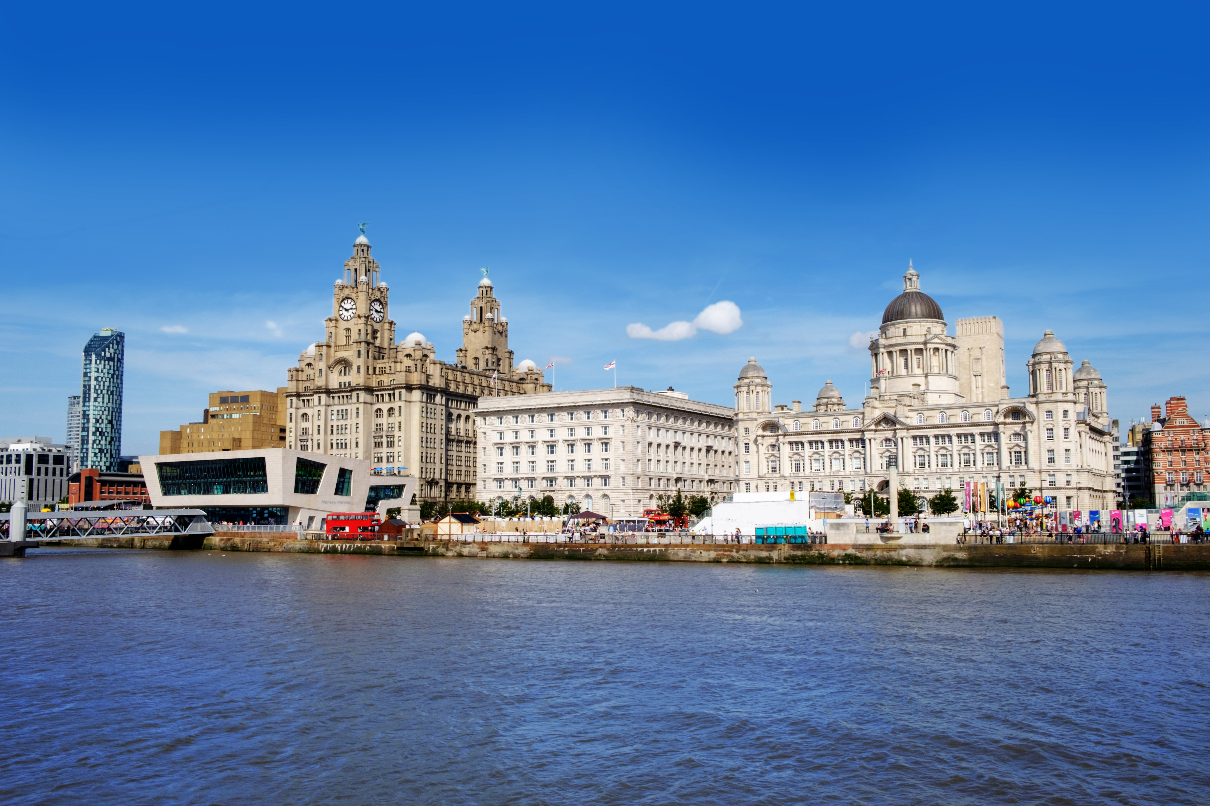 Liverpool waterfront with historic buildings viewed from the River Mersey