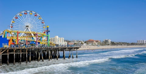 Santa Monica Pier California with Pacific Park Ferris wheel and oceanfront views in Los Angeles