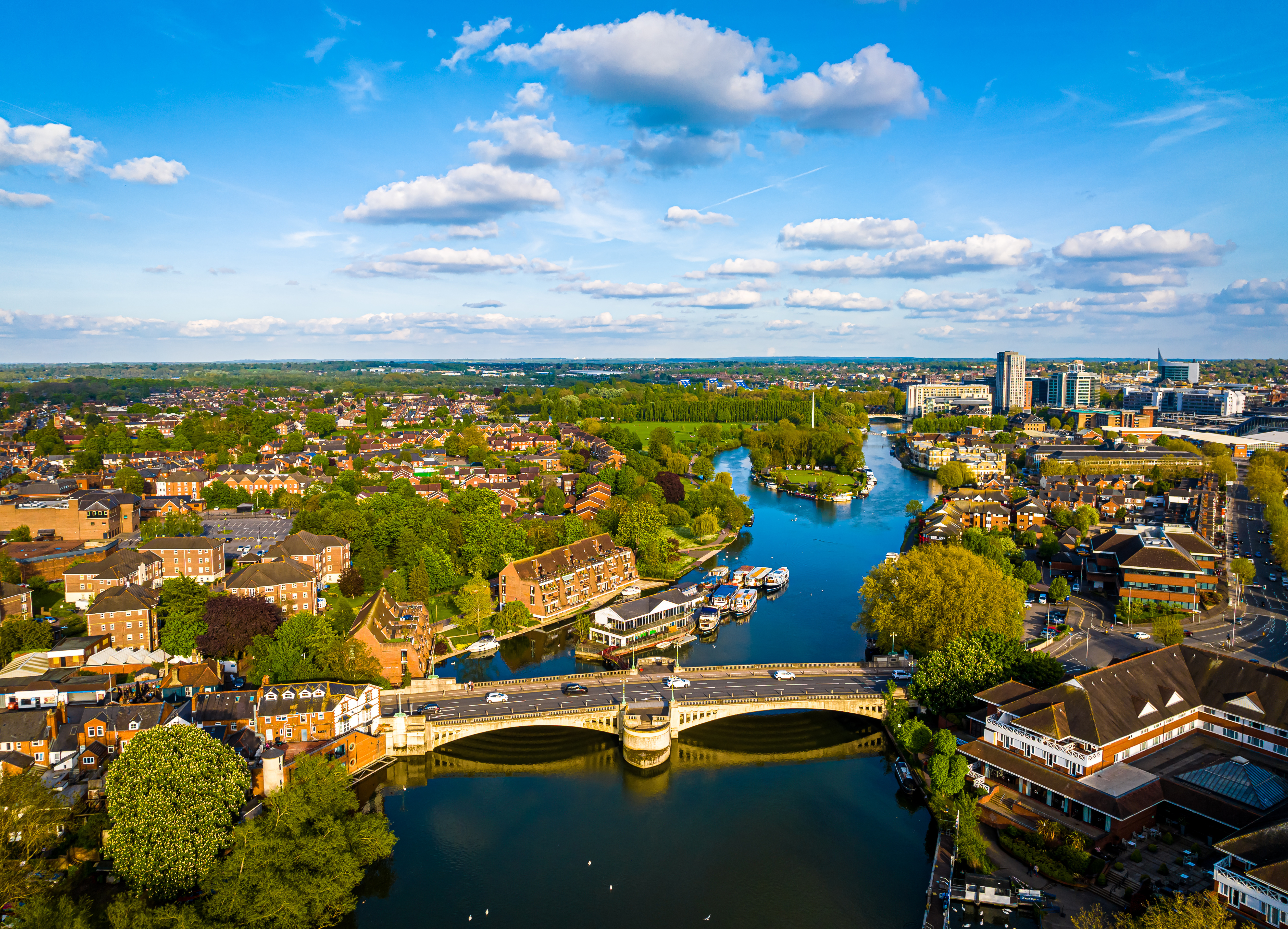 Aerial view of Reading, United Kingdom, highlighting the historic Caversham Bridge over the River Thames