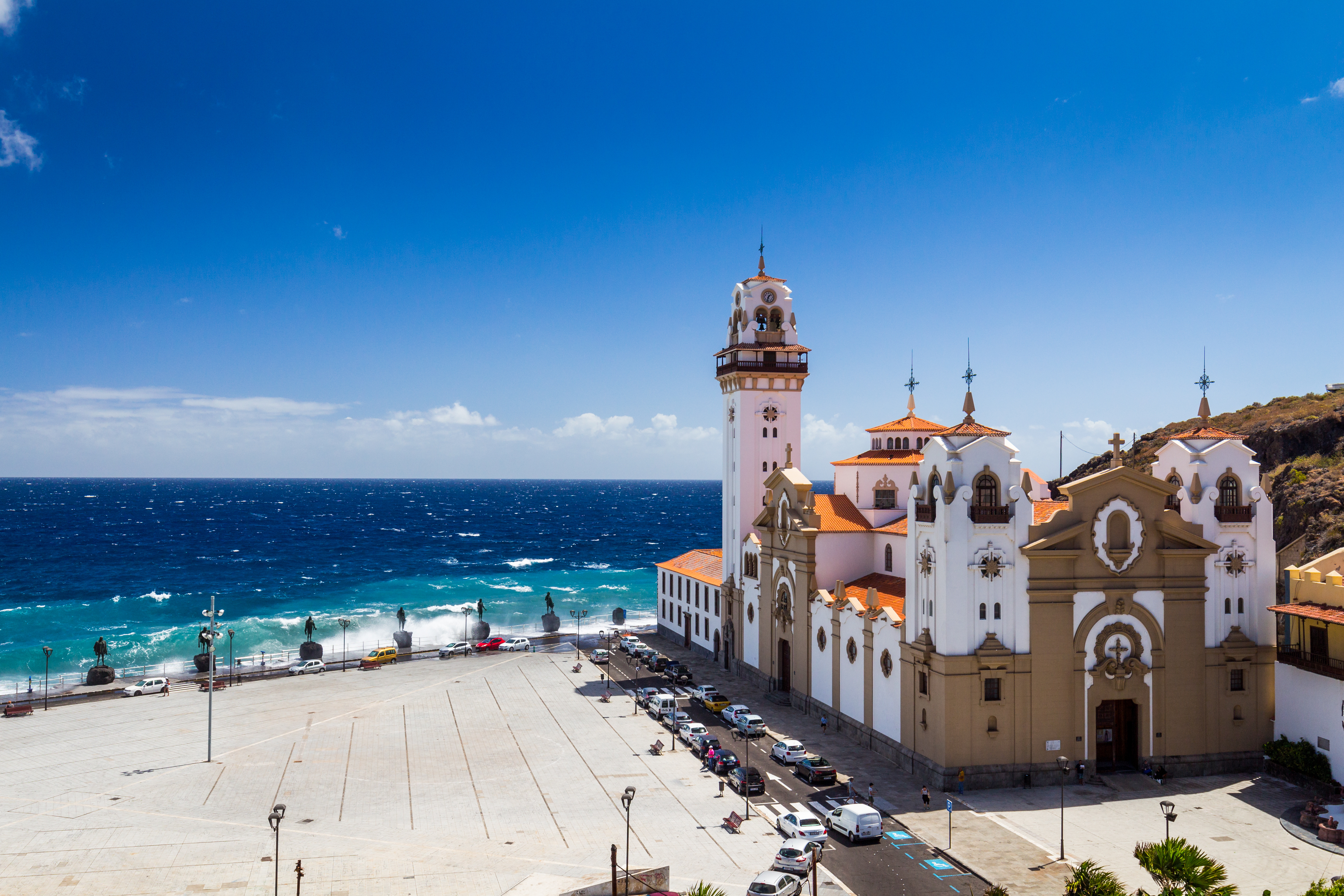 Iglesia de Nuestra Señora de la Concepción, a white church on the waterfront in Santa Cruz de Tenerife, Spain