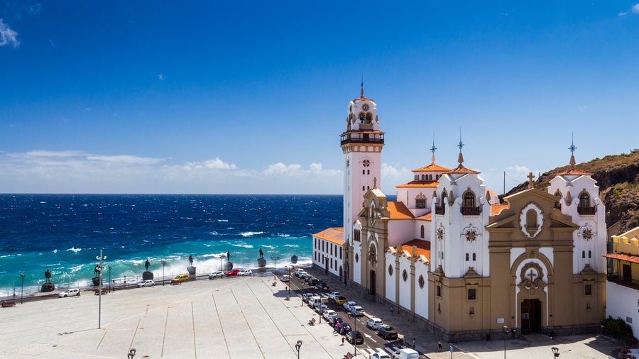Iglesia de Nuestra Señora de la Concepción, a white church on the waterfront in Santa Cruz de Tenerife, Spain
