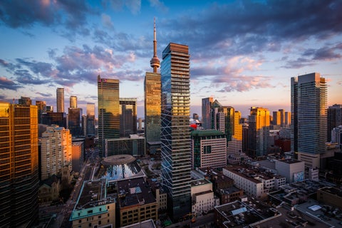 View of modern buildings at sunset in downtown Toronto, Ontario, Canada