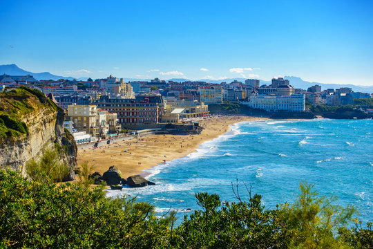 High angle view of Biarritz Grande Plage white sand ocean France