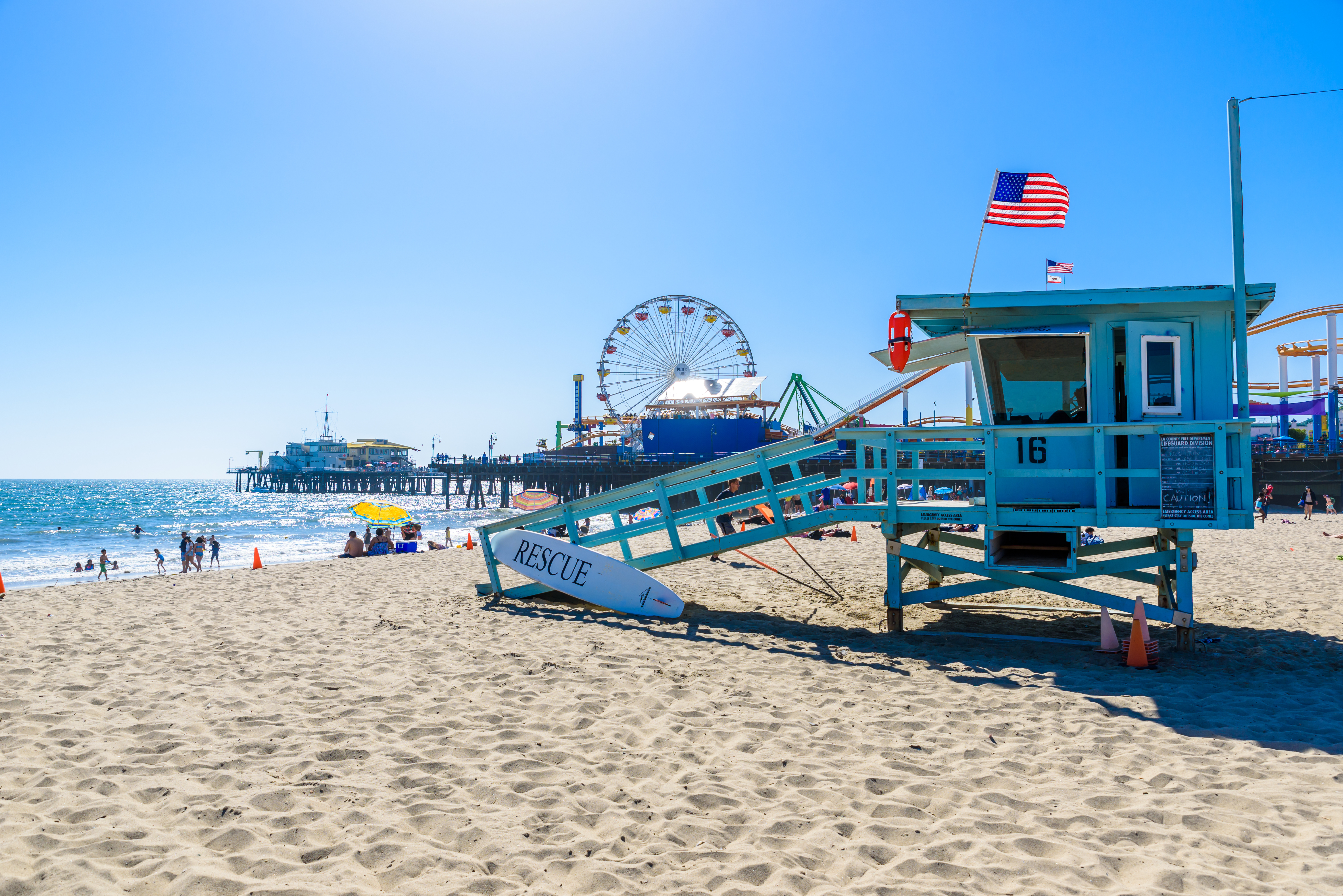 Santa Monica Beach Los Angeles with ocean waves, sandy coast, and scenic California coastline