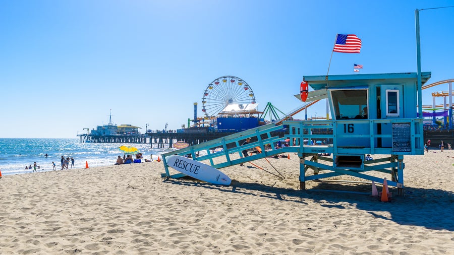 Santa Monica Beach Los Angeles with ocean waves, sandy coast, and scenic California coastline