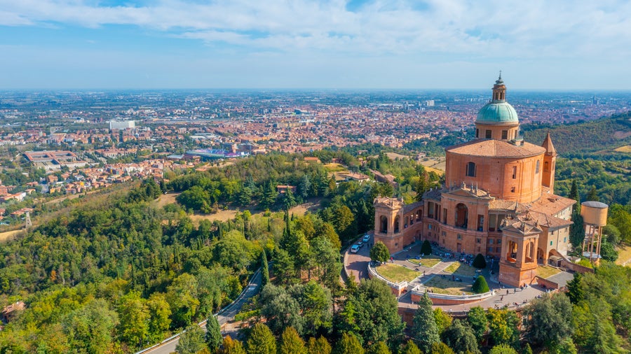 Aerial view of Sanctuary of the Madonna di San Luca in Bologna, Italy