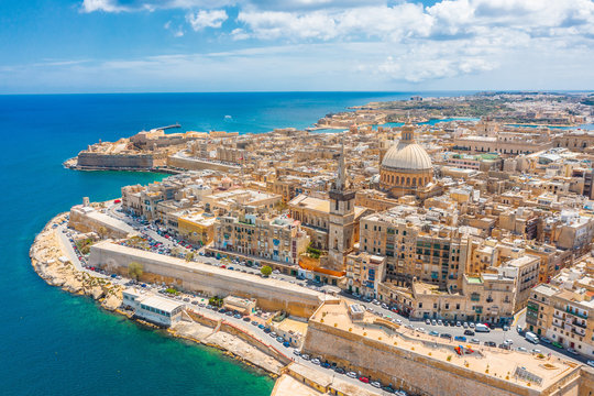 Aerial view of Valletta Malta Our Lady of Mount Carmel St. Paul’s Cathedral