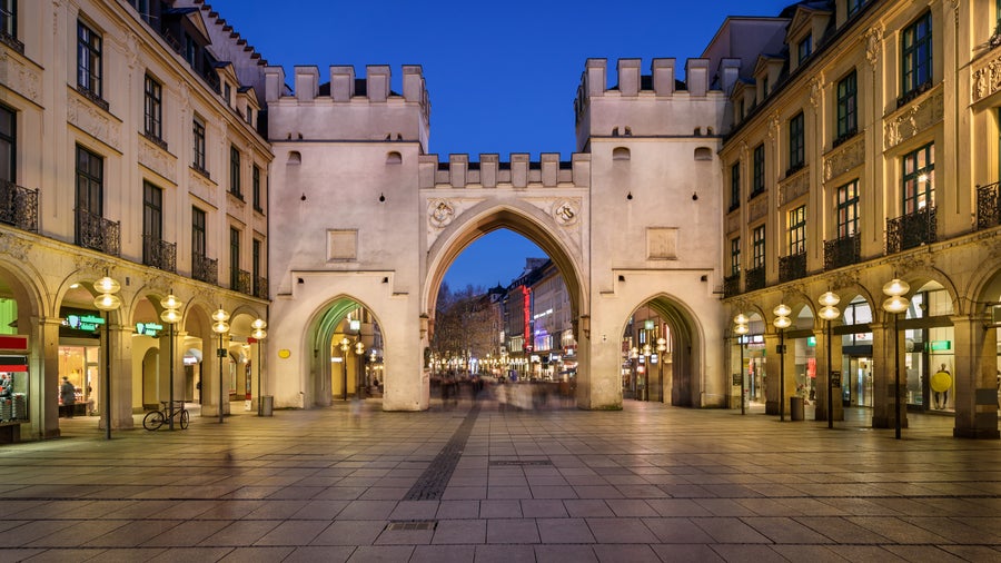 Karlstor Gate and Karlsplatz Square in the Evening, Munich, Germany