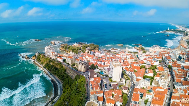 Aerial view of Riviera coast and turquiose water of cote dAzur at summer day in Biarritz, France