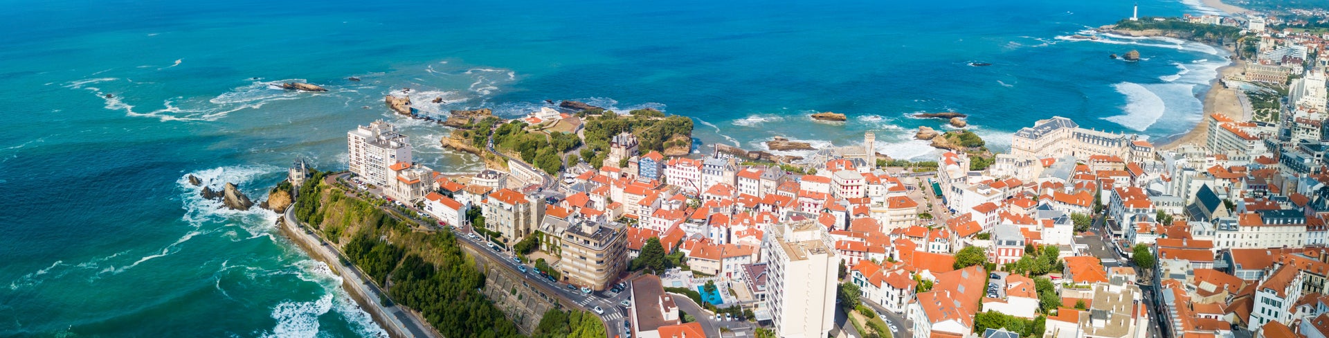 Aerial view of Riviera coast and turquiose water of cote dAzur at summer day in Biarritz, France