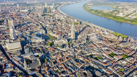Aerial view of Antwerp with Cathedral of Our Lady and Schelde River