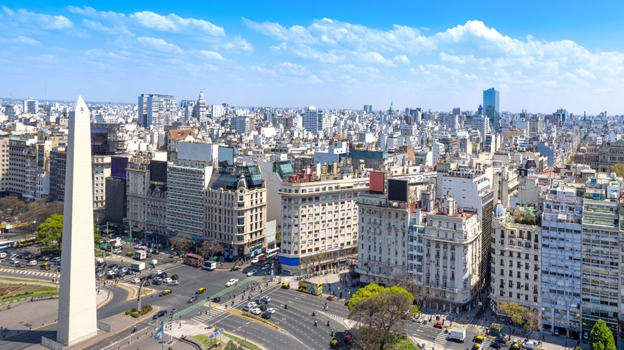 Aerial view of  Obelisco in Buenos Aires, Argentina, showcases the iconic monument standing tall at the bustling intersection of Avenida 9 de Julio