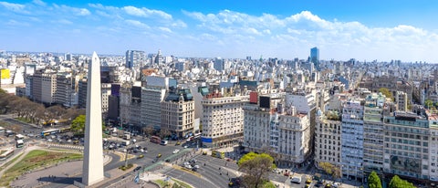 Aerial view of  Obelisco in Buenos Aires, Argentina, showcases the iconic monument standing tall at the bustling intersection of Avenida 9 de Julio