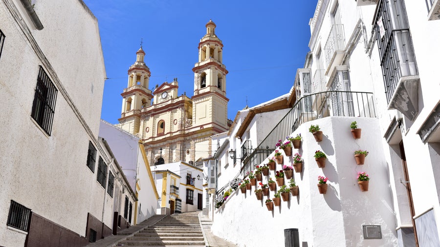 View of Cádiz Cathedral with its golden dome and cross, seen from a narrow street lined with traditional white buildings and palm trees