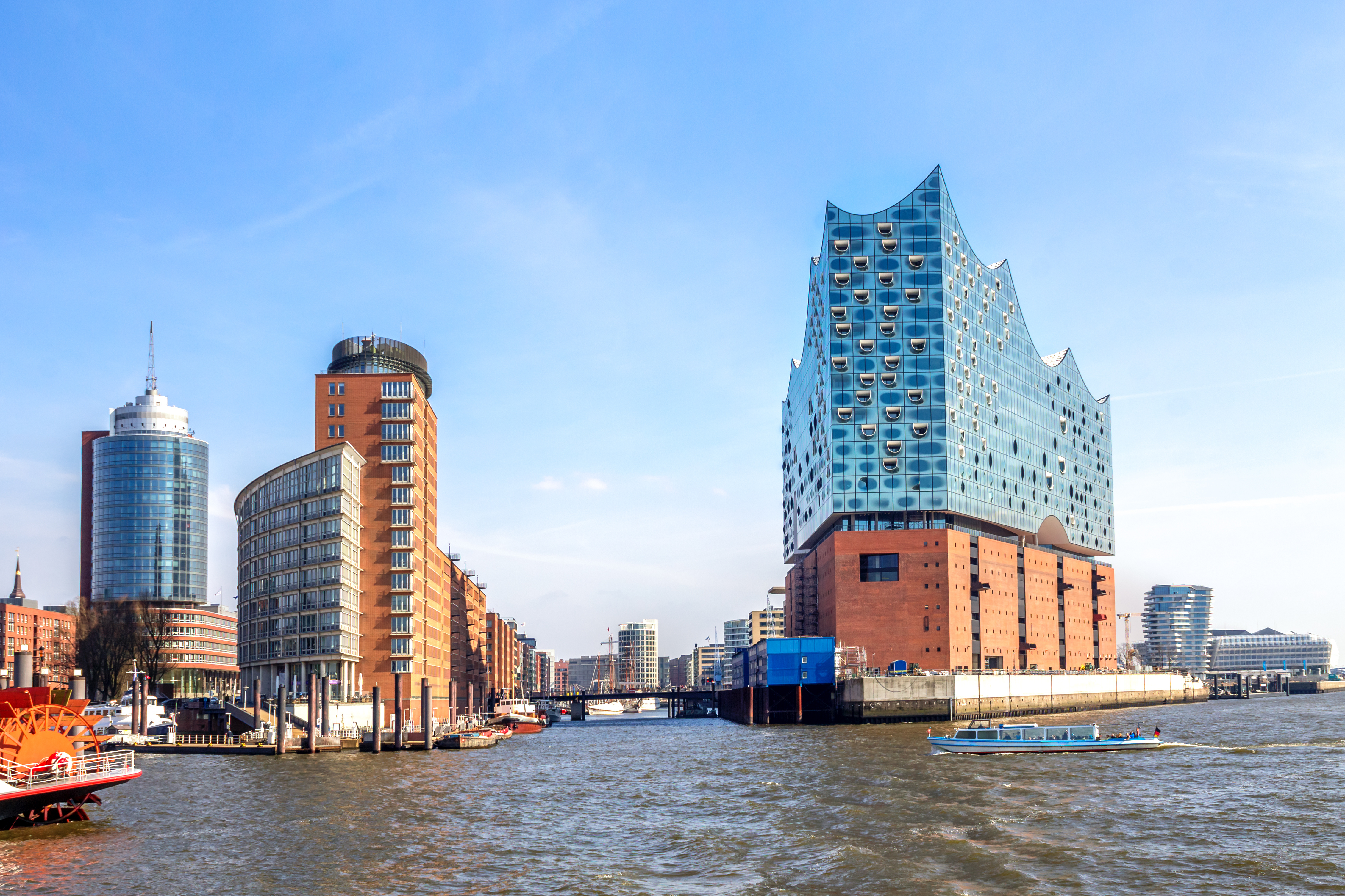 Hamburg City Center with its dynamic cityscape with historic brick warehouses of the Speicherstadt district in Germany