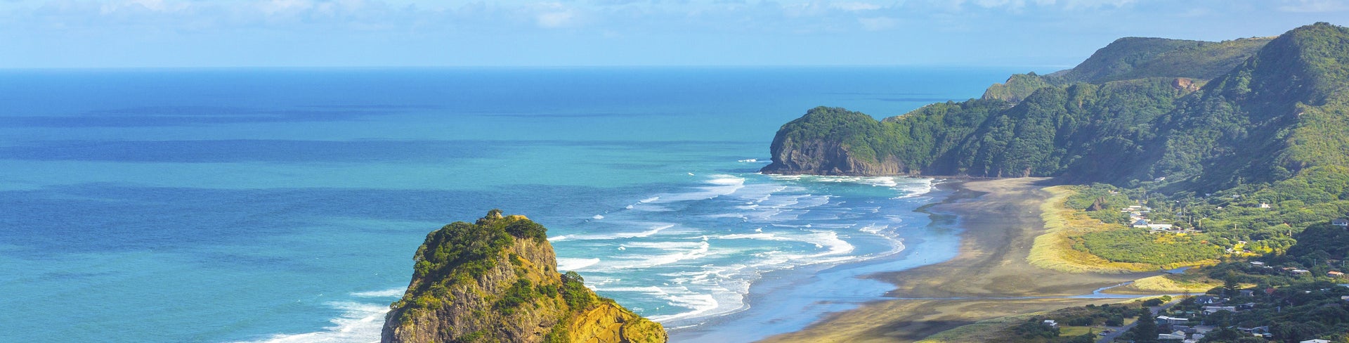Scenic view of Lion Rock at Piha Beach, Auckland, New Zealand, with waves and rugged coastline in the background