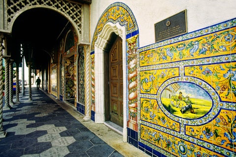 Historic Open Air Post Office in St. Petersburg, Florida, featuring colourful Mediterranean-style tiles and arched architecture