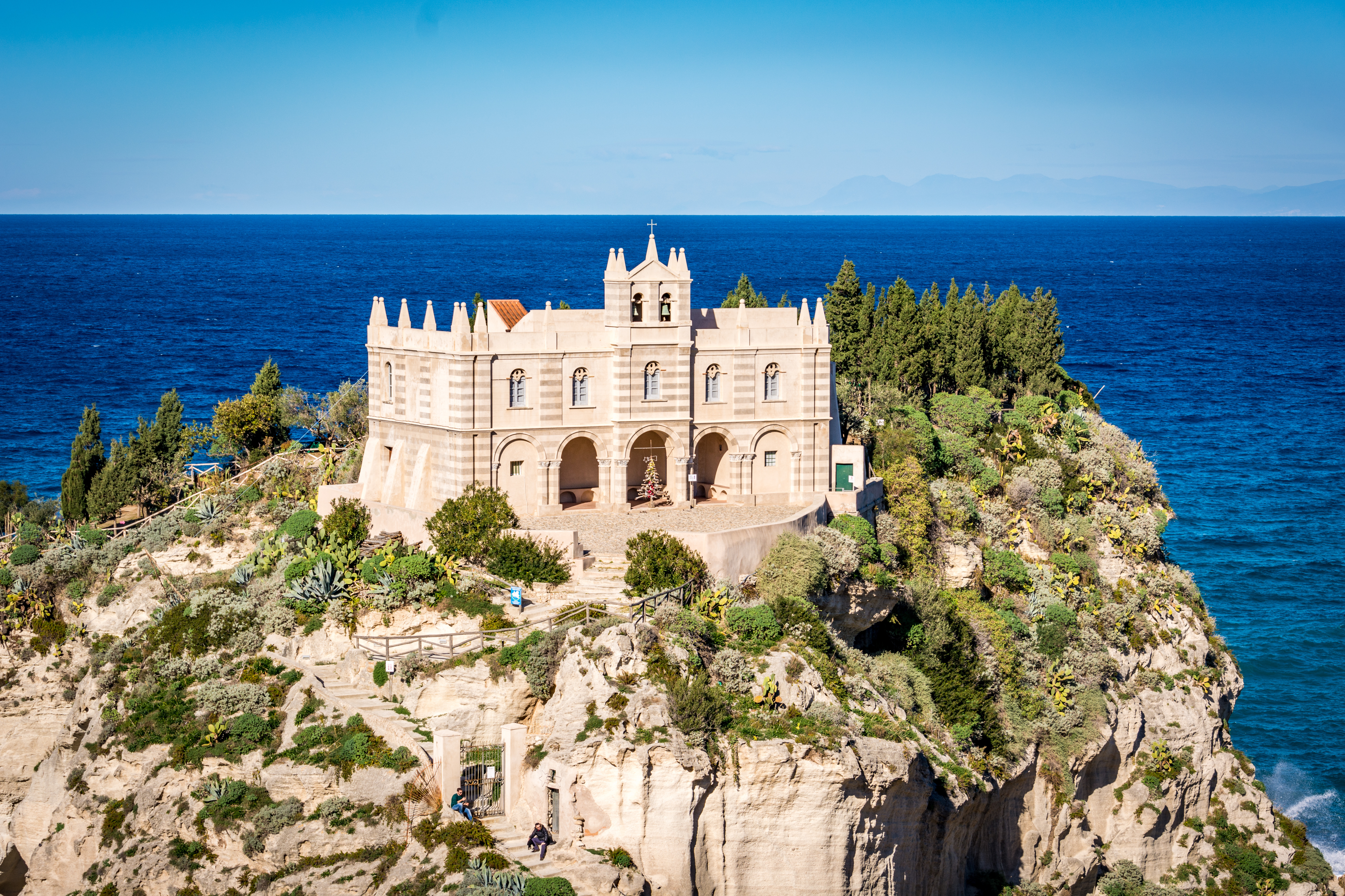 Sanctuary of Santa Maria dell’Isola in Tropea, Italy, perched atop a rocky hill overlooking the sea