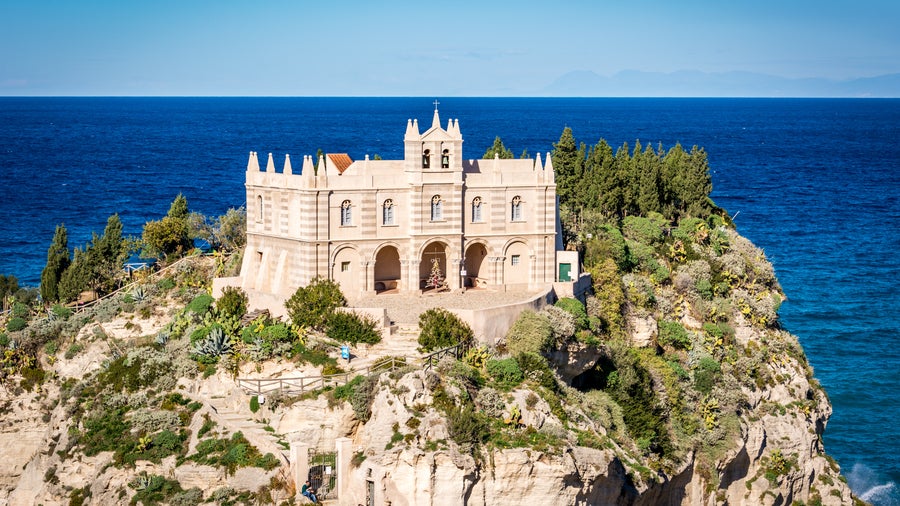 Sanctuary of Santa Maria dell’Isola in Tropea, Italy, perched atop a rocky hill overlooking the sea