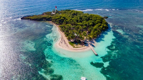 Aerial view of the paradisiacal Îlet du Gosier in Guadeloupe features a small tropical island surrounded by turquoise waters