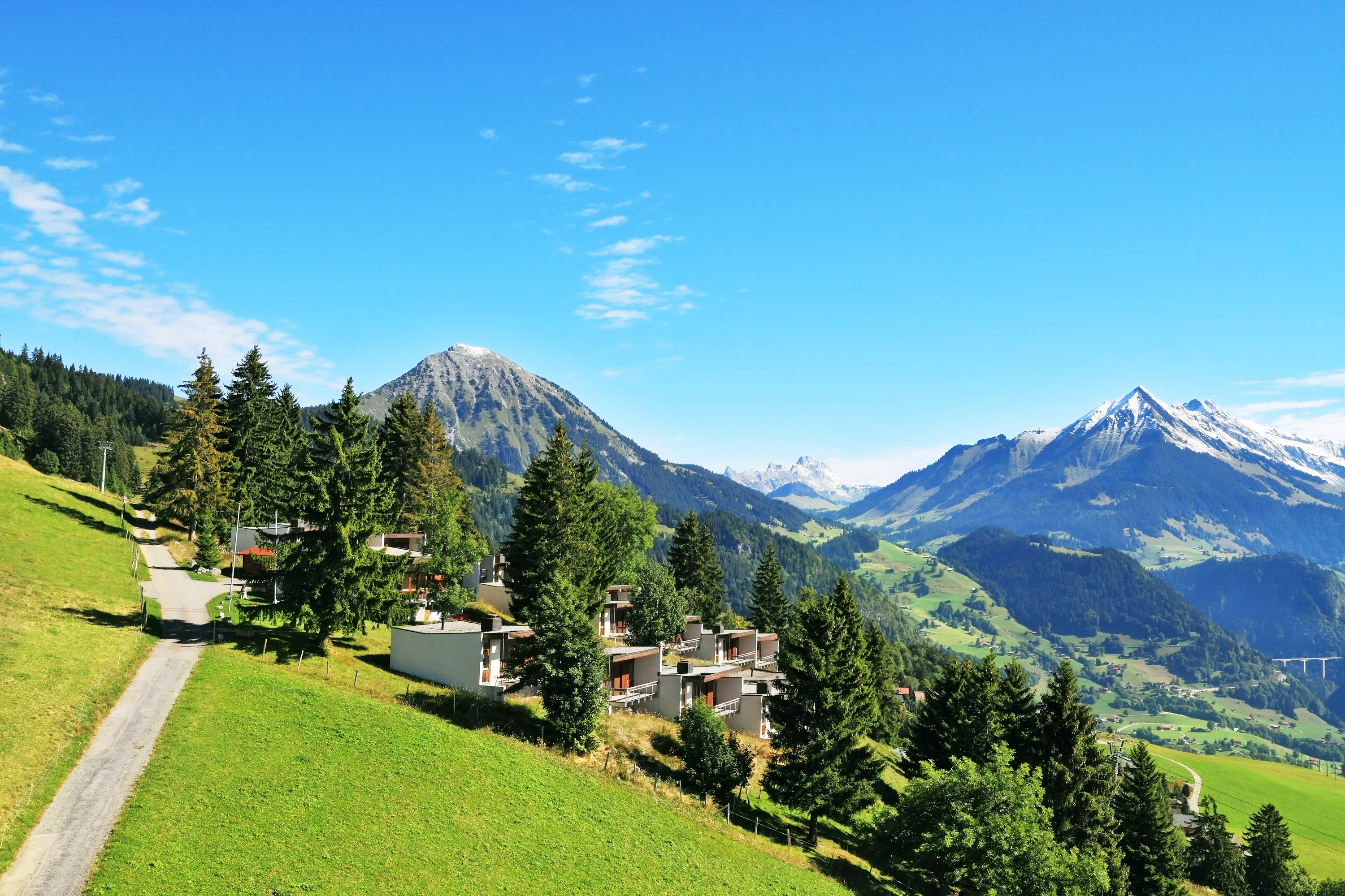 View of Leysin, Switzerland, showing alpine houses nestled among green meadows with mountains in the background